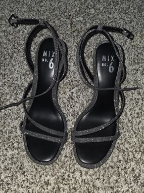 Mix No. 6 Black Glitter Strappy Ankle Wrap Heels